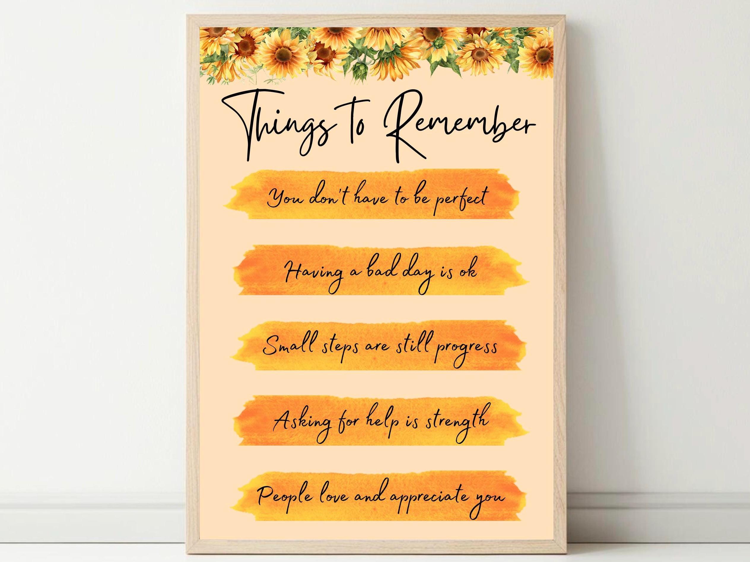 Things To Remember Poster | Watercolor Sunflower Wall Art | Daily Reminders | Therapist Office Decor | Mental Health Printable