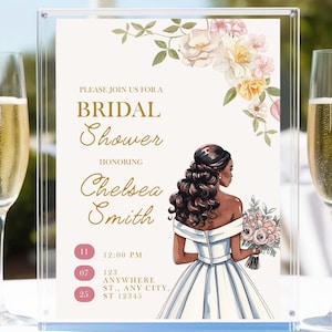 Glamorous Bridal Shower Invitation & Welcome Sign Bundle | African American Bride | Pink Gold Digital Invite Template | Watercolor Floral