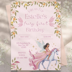 Invitación de primer cumpleaños de hada floral: Tarjeta editable de jardín mágico, invitación de primer cumpleaños de hada para niña, tema bohemio de flores silvestres