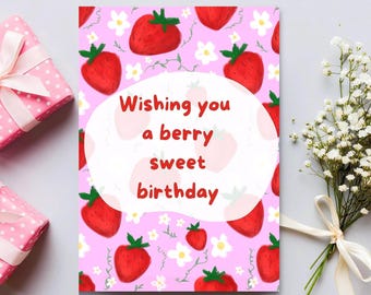 Strawberry Birthday Card: Berry Sweet Floral Design (Digital Download)