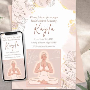 Yoga Bridal Shower Invitation & Welcome Sign Bundle, Unique Floral Minimalist Elegant, Pink Gold Bridal Party, Printable or Digital