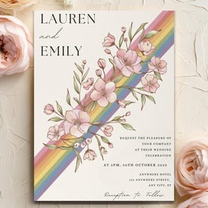 LGBTQ+ Hochzeitseinladung: Florale gleichgeschlechtliche Einladung mit Aquarell Regenbogen, Perfekt für Lesbische, Schwule & Queer Paare, zwei Bräute, Pride Hochzeit