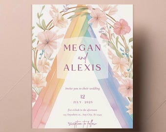 Floral Rainbow Wedding Invitation: LGBTQ+ Elegant Stationery, Digital Download, Canva Template