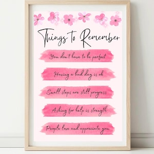 Poster med saker att komma ihåg | Rosa körsbärsblomsdekor | Digital väggkonst för dagliga affirmationer | Gåvor för självvård | Utskrivbara material för mental hälsa
