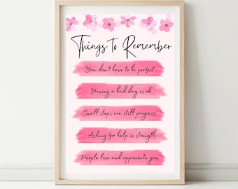 Things To Remember Poster | Pink Cherry Blossom Decor | Daily Affirmations Digital Wall Art | Self Care Gifts | Mental Health Printables