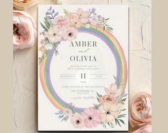 Floral LGBTQ+ Wedding Invitation: Watercolor Rainbow, Same-Sex, Digital Download, Canva Template