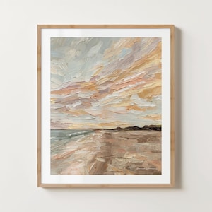 Strandprint – kustlandschapsschildering, schelpen bij zonsopgang