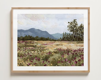 Stampa artistica di un campo di piselli odorosi – Paesaggio montano dell'Idaho, decorazione da parete su tela