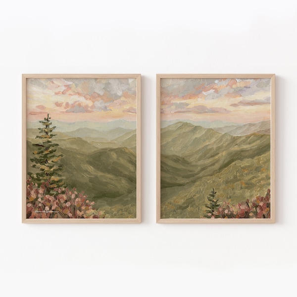 Set of 2 Prints -- Fine Art Print, Stretched Canvas, Diptych, Wall Decor, Mountain Painting, Flower Painting, Landscape, Art Decor