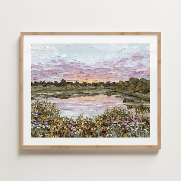 Wisconsin Sonnenuntergang Landschaft Kunstdruck - Teich, Blumen, Berge Malerei
