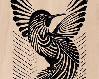 May include: Black and white stylized illustration of a bird with a long beak and intricate patterns on its feathers. The bird is depicted in a dynamic pose with its wings spread wide.