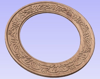 May include: A wooden oval frame with intricate carved floral and leaf patterns. The frame is a light brown color and features a detailed design around the inner and outer edges, creating a decorative border.