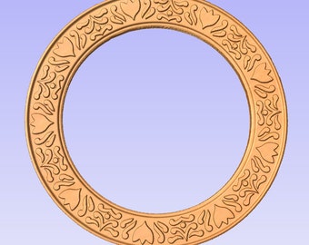 May include: A wooden round frame with a decorative carved design featuring stylized flowers and swirls. The frame is a light brown color.