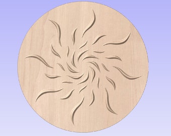 May include: A circular wooden plaque with a carved design of a sunburst with multiple rays emanating from the center.
