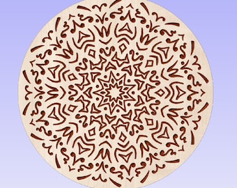 May include: A circular wooden mandala with a brown intricate design. The mandala features a central star with multiple points and is surrounded by a repeating pattern of geometric shapes.