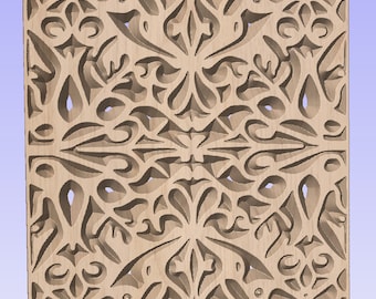 May include: A decorative wooden wall panel with a intricate, symmetrical design of cut-out floral patterns. The panel is made of light brown wood and has a natural finish.