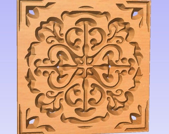 May include: A wooden square tile with a carved, intricate design in the center. The design is symmetrical and features a repeating pattern of swirls and curves.