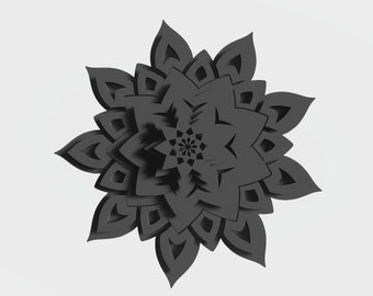May include: A black and white mandala design with intricate details. The design is symmetrical and has a circular shape.