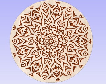 May include: A circular wooden mandala with a brown intricate design. The mandala is carved with a repeating pattern of geometric shapes and swirls.
