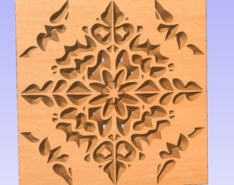 May include: A wooden square tile with a carved intricate design of a symmetrical flower with eight petals. The design is in a light brown color and has a raised texture.