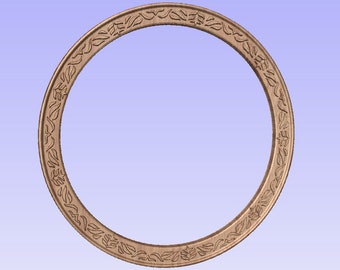 May include: A round wooden frame with a carved floral design. The frame is a light brown color and has a smooth finish.