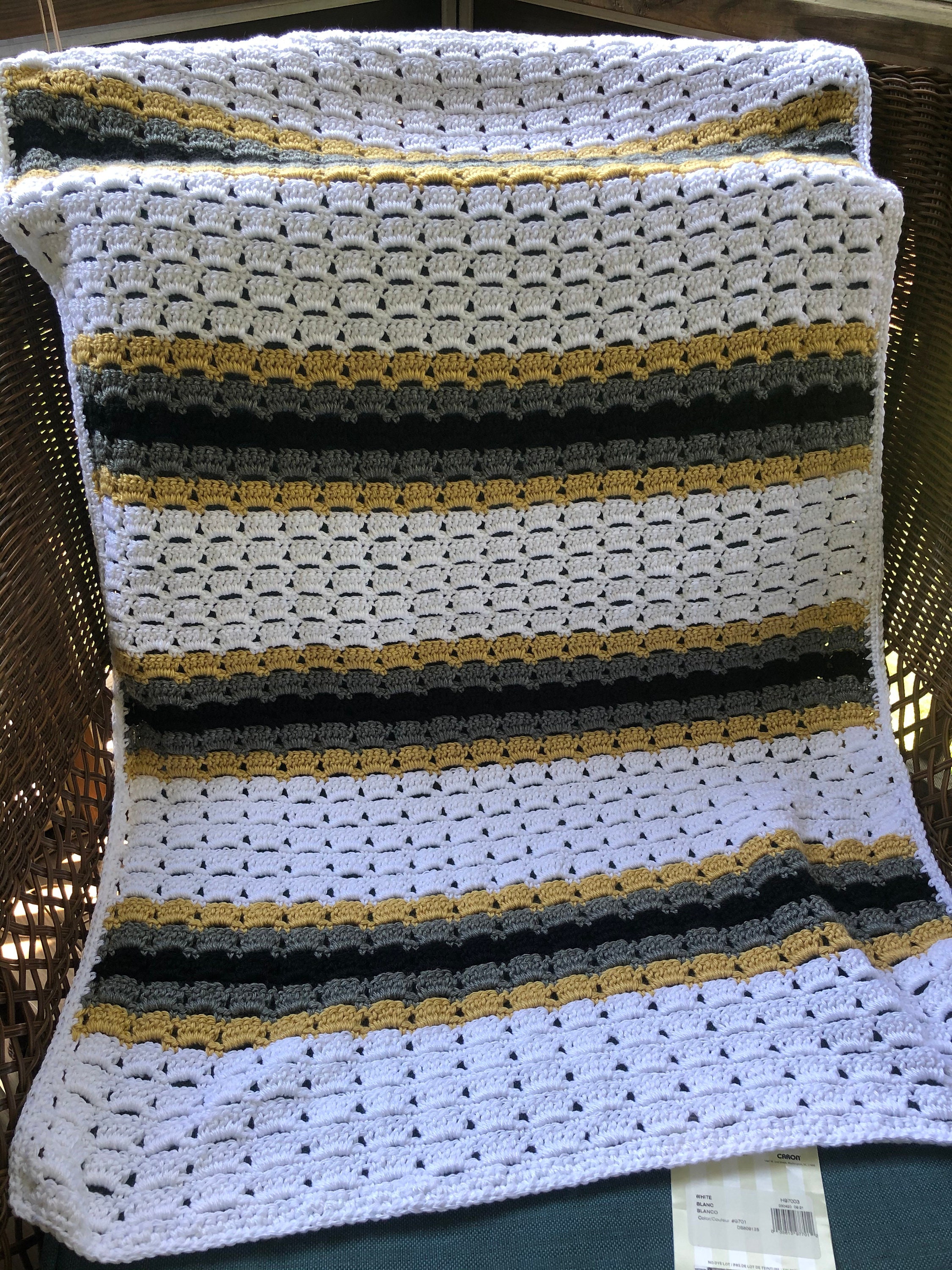 Crochet Baby Blanket White, Black, and Gold Stripe Etsy UK