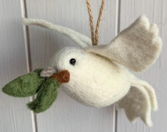 Needlefelted White Dove Hanging Decoration, Laurel Branch, Symbolic Bird Ornament
