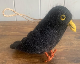 Needlefelted Blackbird Hanging Decoration, Wool Garden Bird Ornament, Nature Lover's Gift