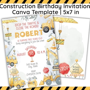 Construction Birthday Invitation  | Dump Truck, Digger  Party Invite | Stop the Traffic Editable Canva Template 5x7