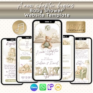 May include: A baby shower website template shown on mobile phones. The design includes a teddy bear, floral elements, and the text "A new chapter begins." Features RSVP and gift registry options.
