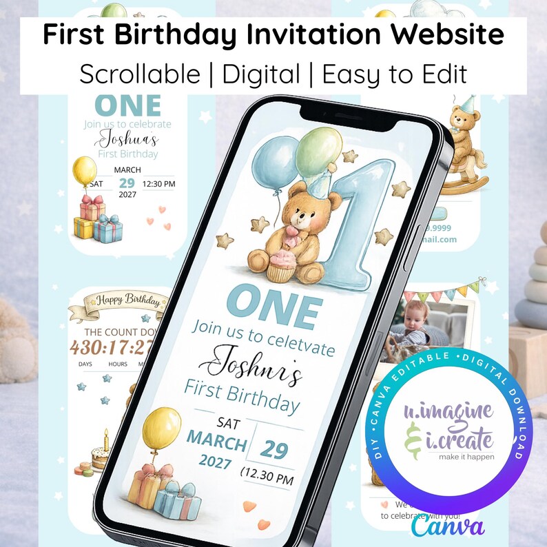 Teddy Bear First Birthday Invitation Website | Baby Boy Digital ...