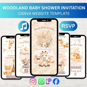 Może przedstawiać: Cyfrowy szablon zaproszenia na baby shower wyświetlany na kilku smartfonach. Projekt przedstawia leśne zwierzęta, miękkie kolory i tekst "Woodland Baby Shower Invitation". Szablon zawiera informacje RSVP i rejestr.