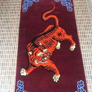 Tibetansk tigerullmatta handknuten orange rödbrun 3 x 6 fot Nepal | Buddhistisk meditationsmatta bild 2