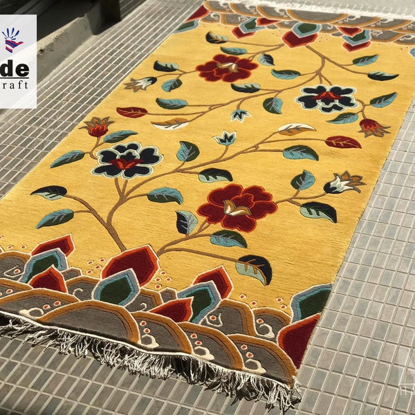 Handknotted -Tibetan Floral Area Rug - Carpet -  Wool  - 90x180cm 3'x6'  - Nepal Handmade -Yellow
