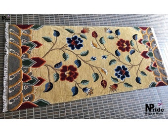 Antique -Tibetan Floral Area Rug - Carpet -  Wool  - Handknotted - 90x180cm 3'x6'  - Handmade Home decor -Yellow