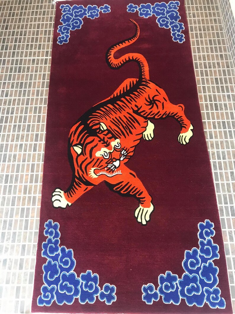 Tibetansk tigerullmatta handknuten orange rödbrun 3 x 6 fot Nepal | Buddhistisk meditationsmatta bild 2