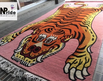 Handknotted Pink Tiger Rug - Carpet- Runner - Tibetan knot-  Wool  - Orange Tiger - Size 3 x 6ft  Handmade Nepal - Made to Order