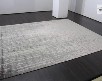 Handknotted Abstract Rug Carpet - Silk Wool Mix- Different sizes - White Grey Silver Multi colour-  Made to Order