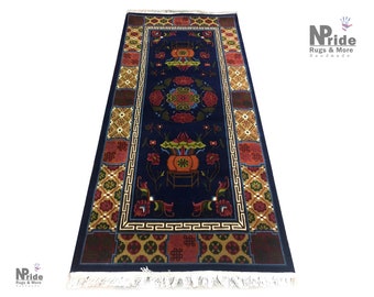 Handknotted Tibetan  Rug - Carpet - Runner -Rectangle - Wool  - 90x180cm - 3x6ft  -Nepal Handmade- Blue Multicolour