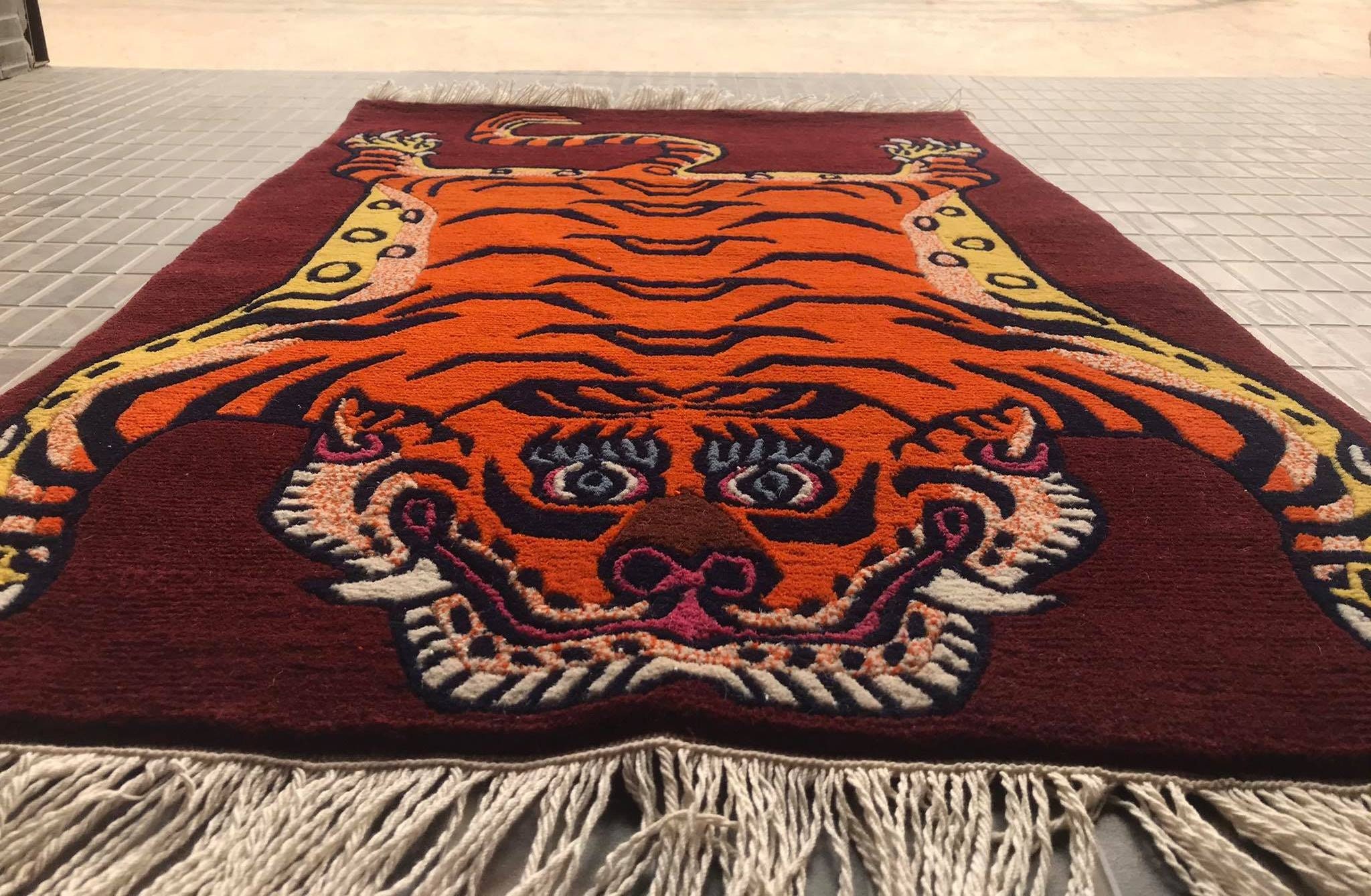 Tapis tigre tibétain orange - Laine - 3 pi x 6 pi - fait main au Népal - Réalisé sur commande - Canada