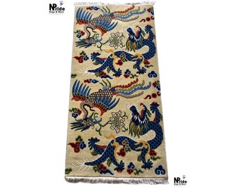 Hand-Knotted Dragon Bird Rug - Carpet - Runner - Tibetan Wool-  90x180cm -  3ftx6ft -  Handmade Gift-  Camel Multicoloured