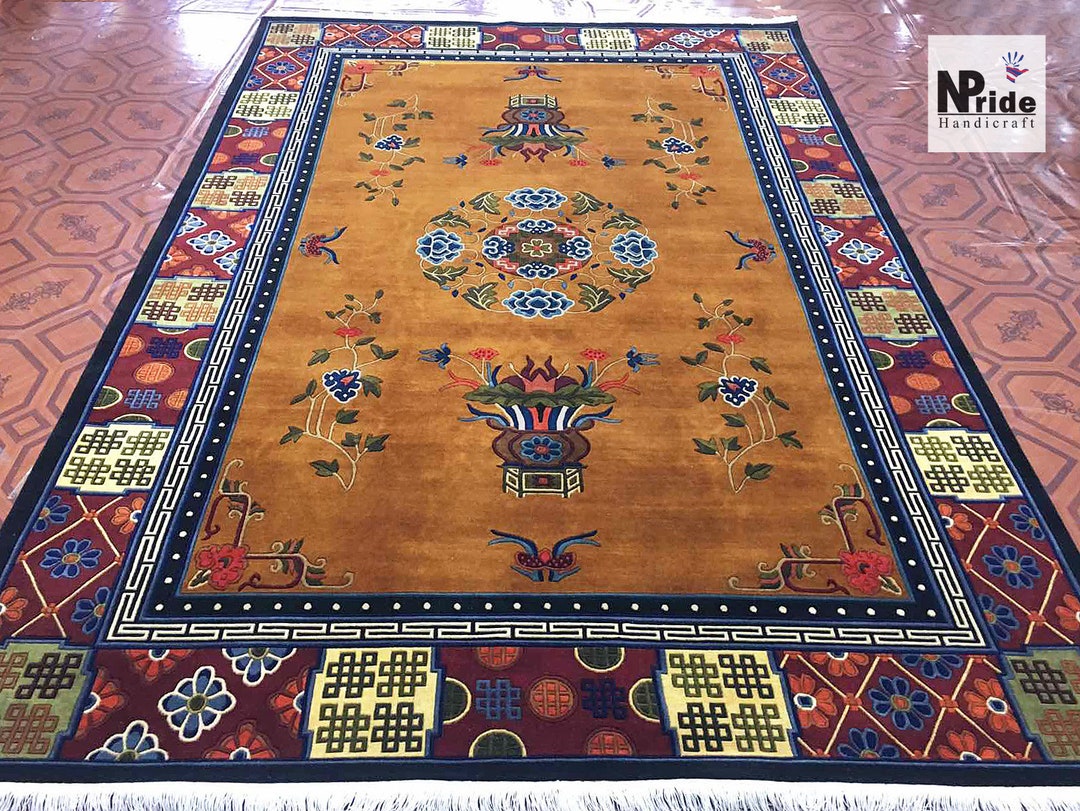 Tibetan Floral Wool Rug Handknotted 100 Knot Nepal | Buddhist Made to ...