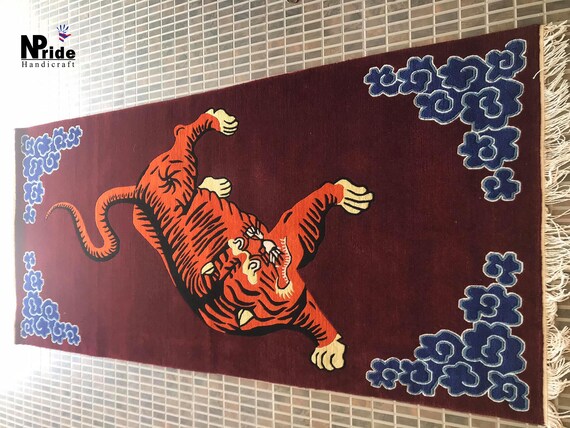 Hand Knotted Tibetan Tiger Rug: Wool Carpet, Orange Maroon, 3x6 ft