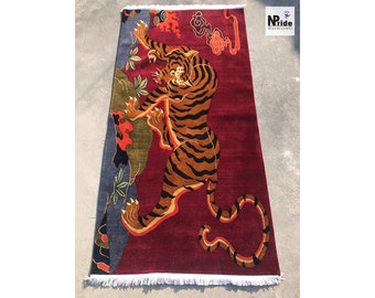 Tibetansk tigerullmatta handknuten mörkrödbrun 3 x 6 fot Nepal | Buddhistisk meditationsmatta