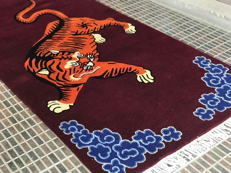 Tibetansk tigerullmatta handknuten orange rödbrun 3 x 6 fot Nepal | Buddhistisk meditationsmatta bild 4