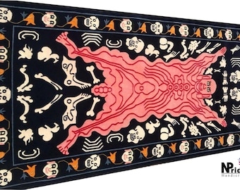 Hand-Knotted Tibetan Tantric Bold Man Rug - Carpet  - Runner - 3ft X 6ft - 90x180cm- Wool - Tribal  Handwoven - Navy background Pink  colour