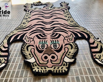 Nude Tibetan Tiger Rug  Carpet Runner - Handknotted - Pure Wool - 3ftx 6ft- 90x180cm -  Animal print - Handmade Nepal -Light pink