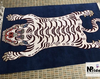 Wool Handknotted Tibetan Tiger Rug - Carpet- Runner - Rectangle - Authentic - Decor- Blue Tiger - 3 x 6ft  -Handmade Nepal - Made to Order