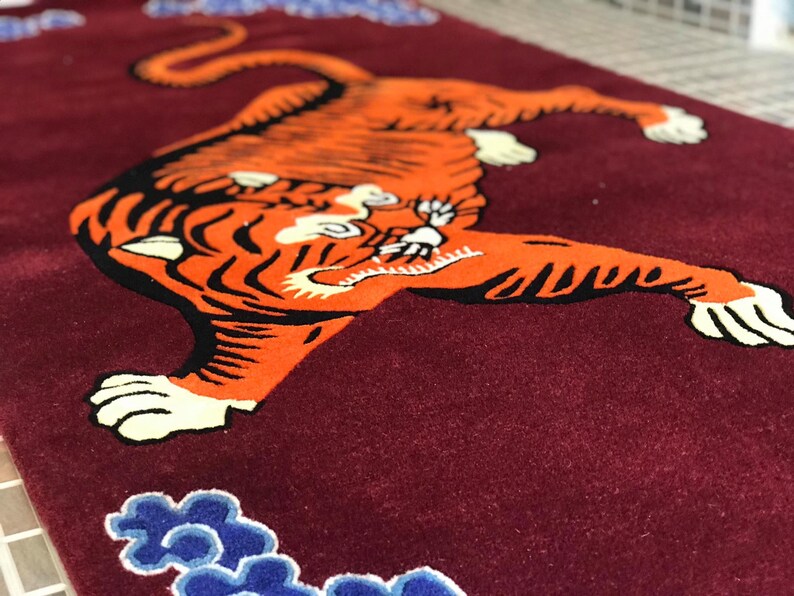 Tibetansk tigerullmatta handknuten orange rödbrun 3 x 6 fot Nepal | Buddhistisk meditationsmatta bild 6