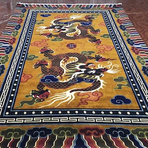 Hand-Knotted Wool Tibetan Dragon Rug: Nepal Handmade Carpet